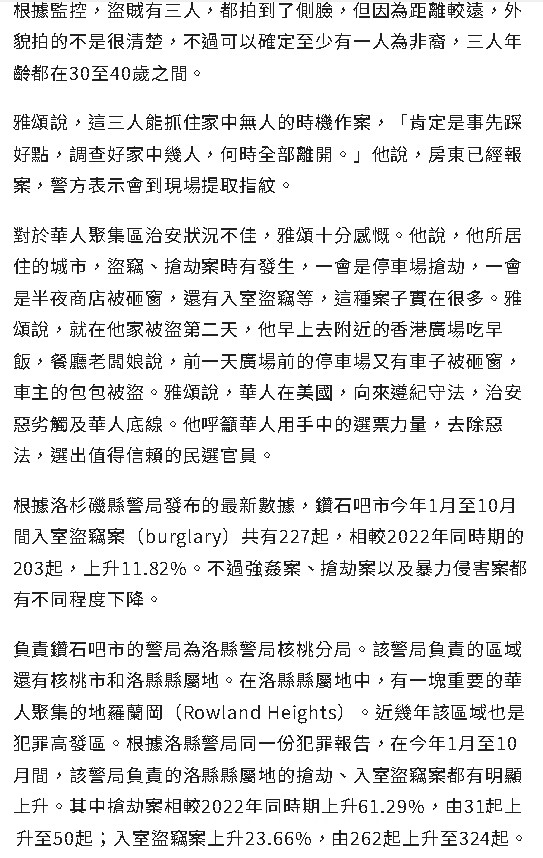 洛杉磯華人區治安越來越糟，根據洛杉磯縣警局發布的最新數據，華人聚集區鑽石吧(Diamond Bar)市2023年1月至10月間入室盜竊案（burglary）共有227起，相較2022年同時期的203起，上升11.82%。另一個重要的華人聚集區羅蘭岡（Rowland Heights），近幾年該區域也是犯罪率也顯著變高，根據洛縣警察局的犯罪報告，在2023年1月至10月間，搶劫、入室盜竊案都有明顯上升，其中搶劫案相較2022年同時期上升61.29%，由31起上升至50起；入室盜竊案上升23.66%，由262起上升至324起。